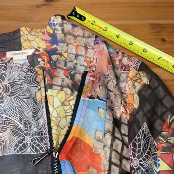 Feratelli Sheer Top, Short Sleeve, Front Zipper, Asymmetrical Hem, Crazy Quilt - Picture 5 of 9